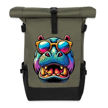 Hippopotamus with Sunglasses - Roll Top Backpack - olive/black - Front