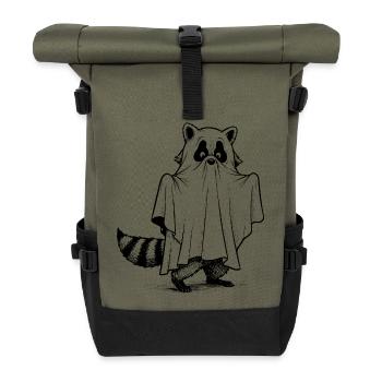 Raccoon in ghost costume illustration - Roll Top Backpack - olive/black - Front