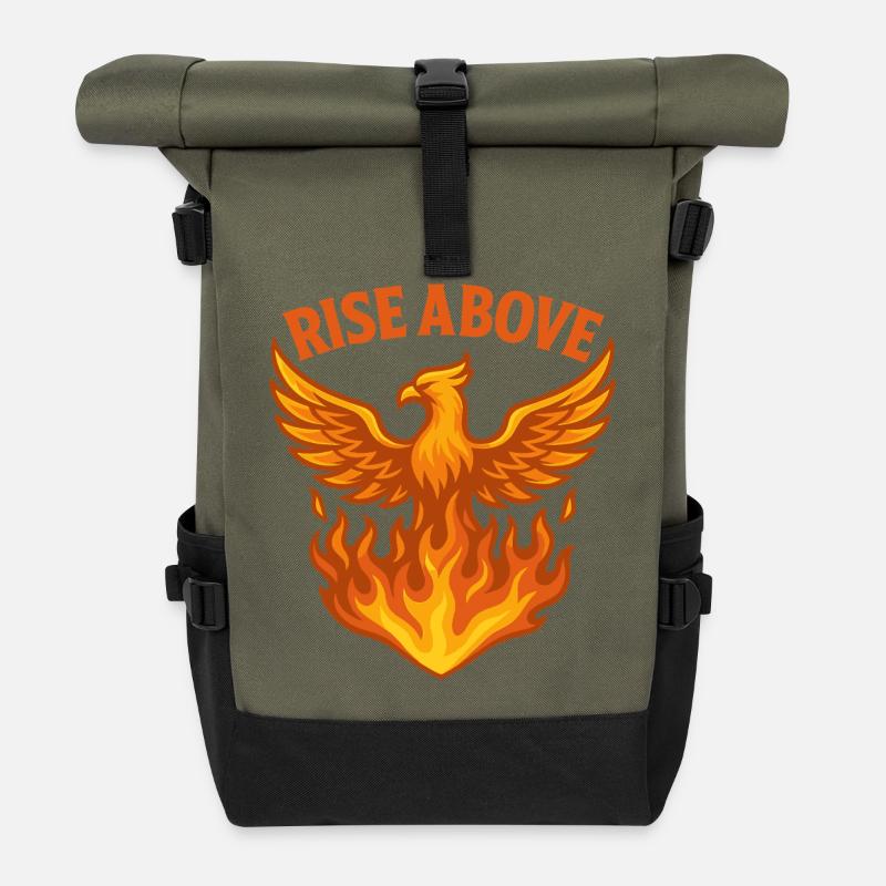 Phoenix Rise Above Feuer Motiv - Rolltop Rucksack - Olive/Schwarz