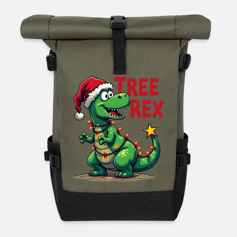 Christmas Dino – Funny T-Rex with Christmas Tree - Roll Top Backpack - olive/black