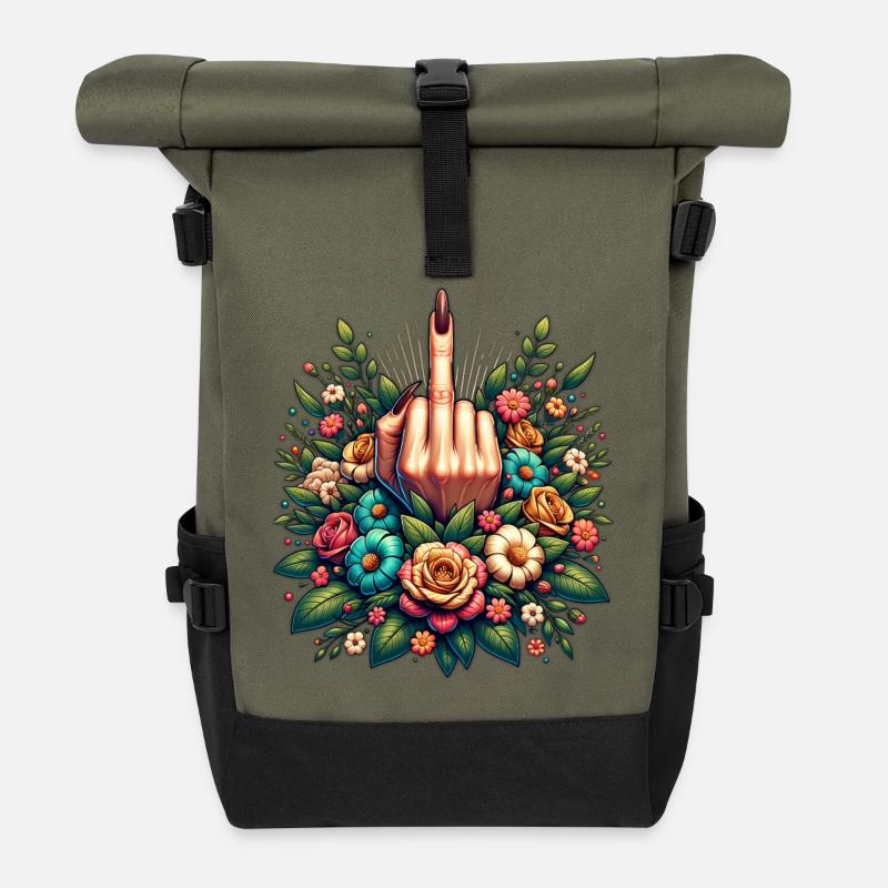 Floral Rebellion - Roll Top Backpack - olive/black