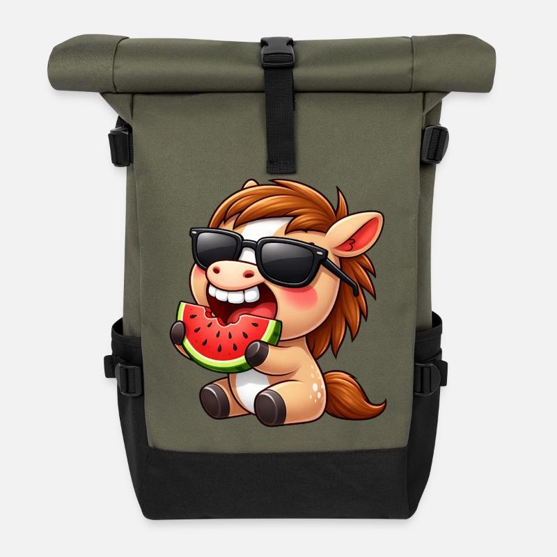 Cooles Pferd mit Melone Sommer Sonne Reiten - Rolltop Rucksack - Olive/Schwarz