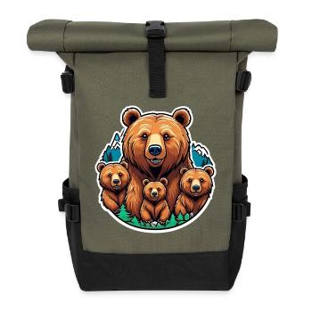 Grizzly Mama mit Kindern Babys - Rolltop Rucksack - Olive/Schwarz - Vorne
