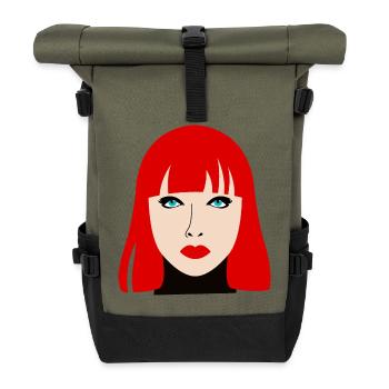 Rothaarige Frau mit blauen Augen - Rolltop Rucksack - Olive/Schwarz - Vorne