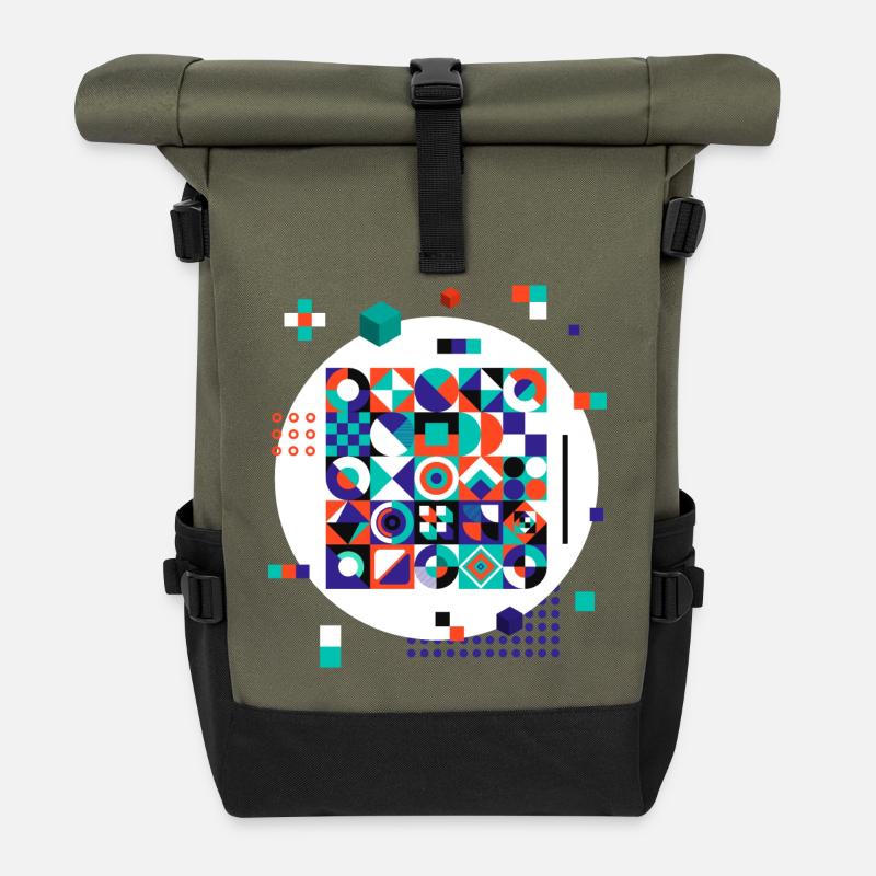 Geometrisches Muster (Formen, Kreis) - Rolltop Rucksack - Olive/Schwarz