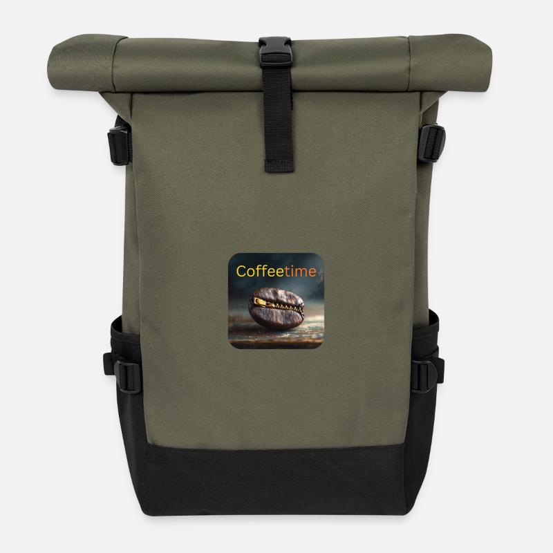 Coffeetime Kaffeebohne mit Reißverschluss - Rolltop Rucksack - Olive/Schwarz
