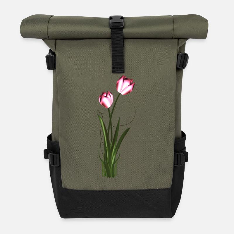 zwei Metallic schimmernde Tulpen im Frühling - Rolltop Rucksack - Olive/Schwarz