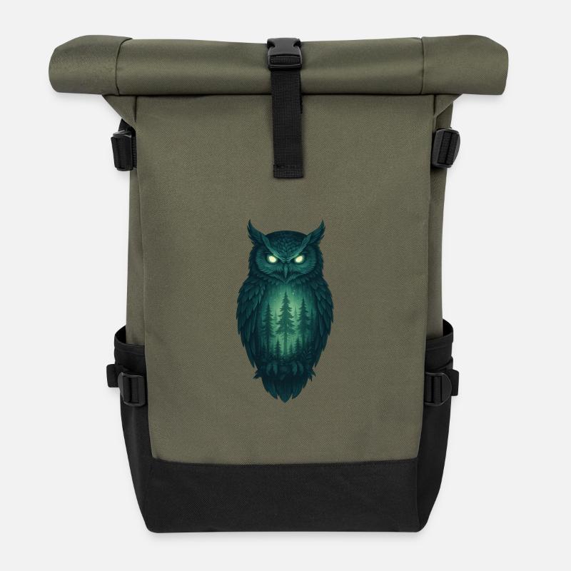 Owl in the Forest at Night - Roll Top Backpack - olive/black