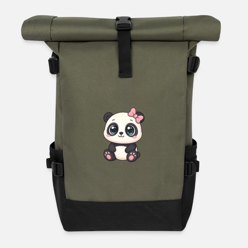 Cute panda with glitter eyes and bow - Roll Top Backpack - olive/black