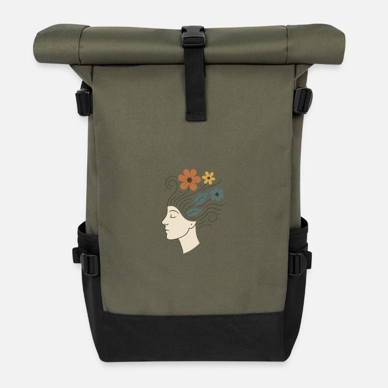 Illustration de la nature avec des fleurs et des feuilles - Sac à dos roll top - olive/noir