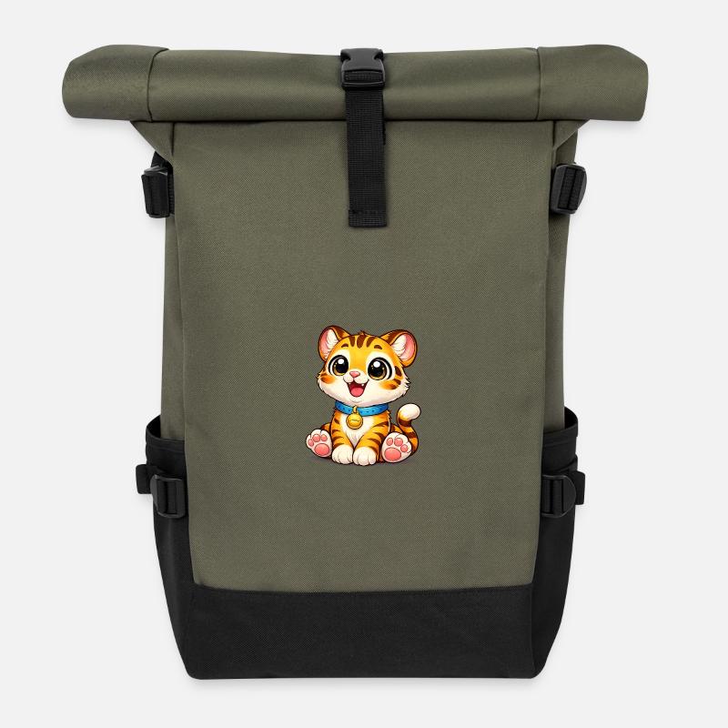 Kätzchen-Tiger mit Glöckchen - Rolltop Rucksack - Olive/Schwarz