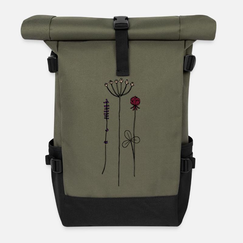 Trio flowers - Roll Top Backpack - olive/black