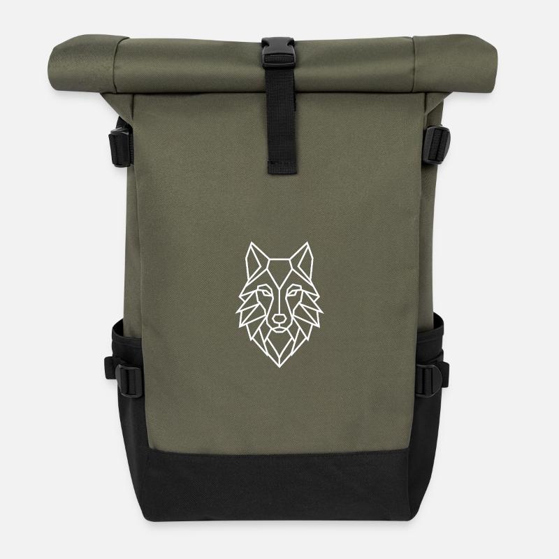 Geometric Wolf Head Line Art - Roll Top Backpack - olive/black