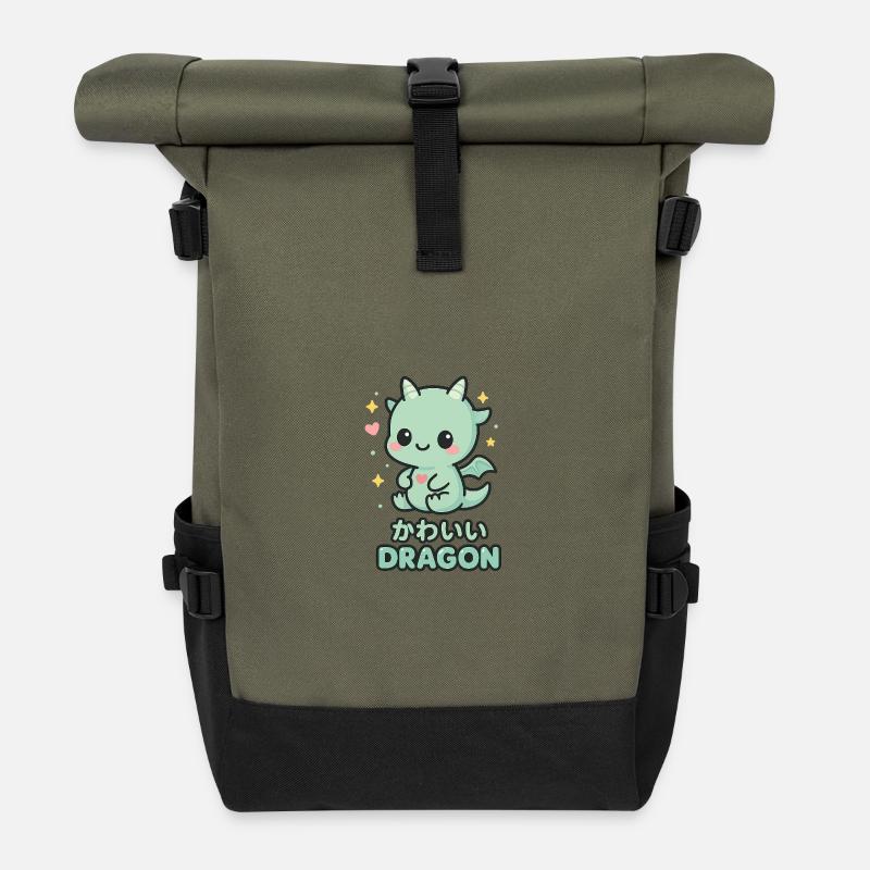 Kleiner Kawaii Drache mit Herzen - Rolltop Rucksack - Olive/Schwarz