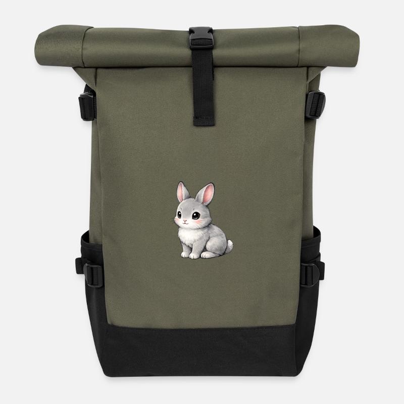 Gray Bunny Illustration - Rolltop Rucksack - Olive/Schwarz