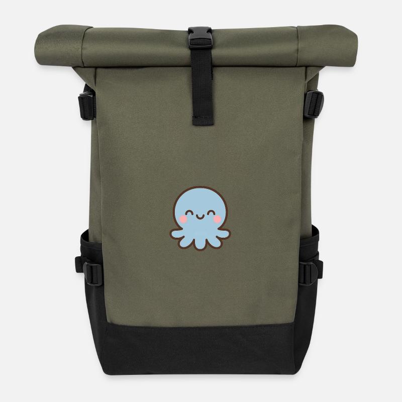 Blauer Oktopus Kawaii Lächeln - Rolltop Rucksack - Olive/Schwarz