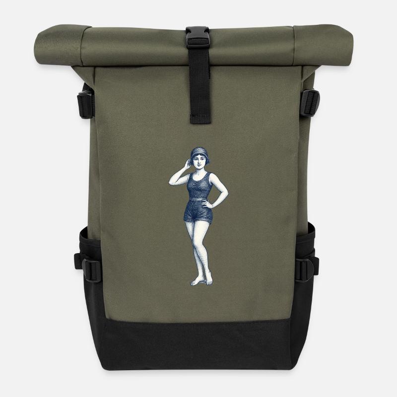 Vintage-Retro-Illustration eines selbstbewussten Mädchens - Rolltop Rucksack - Olive/Schwarz