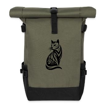 Dekorative Katzen Silhouette im Tribal Style - Rolltop Rucksack - Olive/Schwarz - Vorne