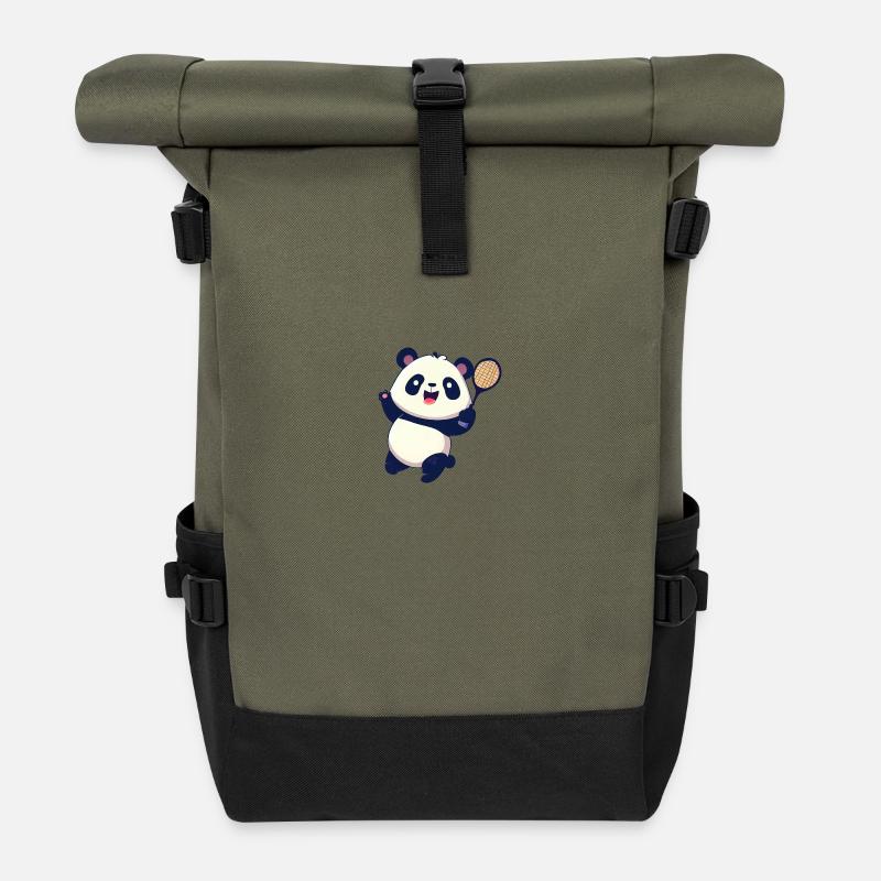L’ours panda joue au badminton et rit - Sac à dos roll top - olive/noir