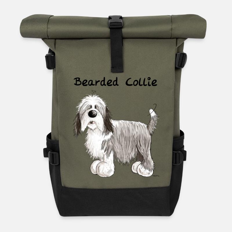 Lustiger Bearded Collie - Rolltop Rucksack - Olive/Schwarz