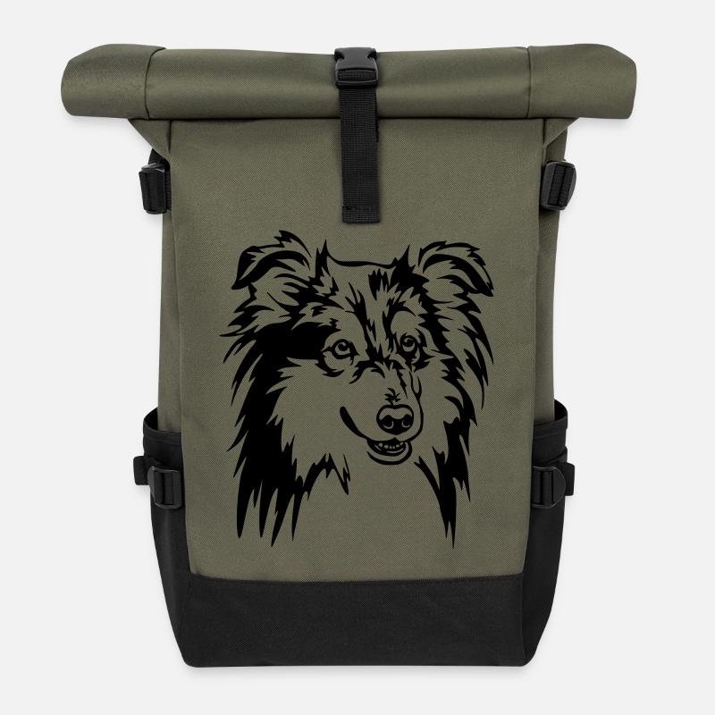Sheltie Kopf - Rolltop Rucksack - Olive/Schwarz
