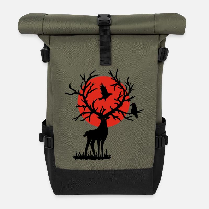 Der schwarze Hirsch und die rote Sonne - Rolltop Rucksack - Olive/Schwarz