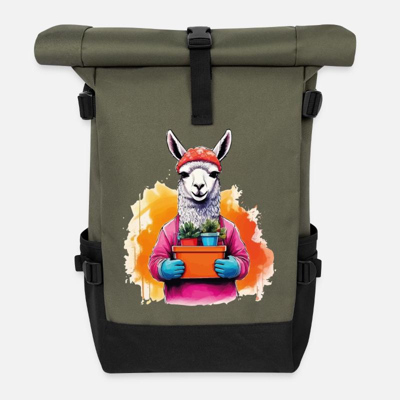 Lama mit Blumen im Topf - Rolltop Rucksack - Olive/Schwarz