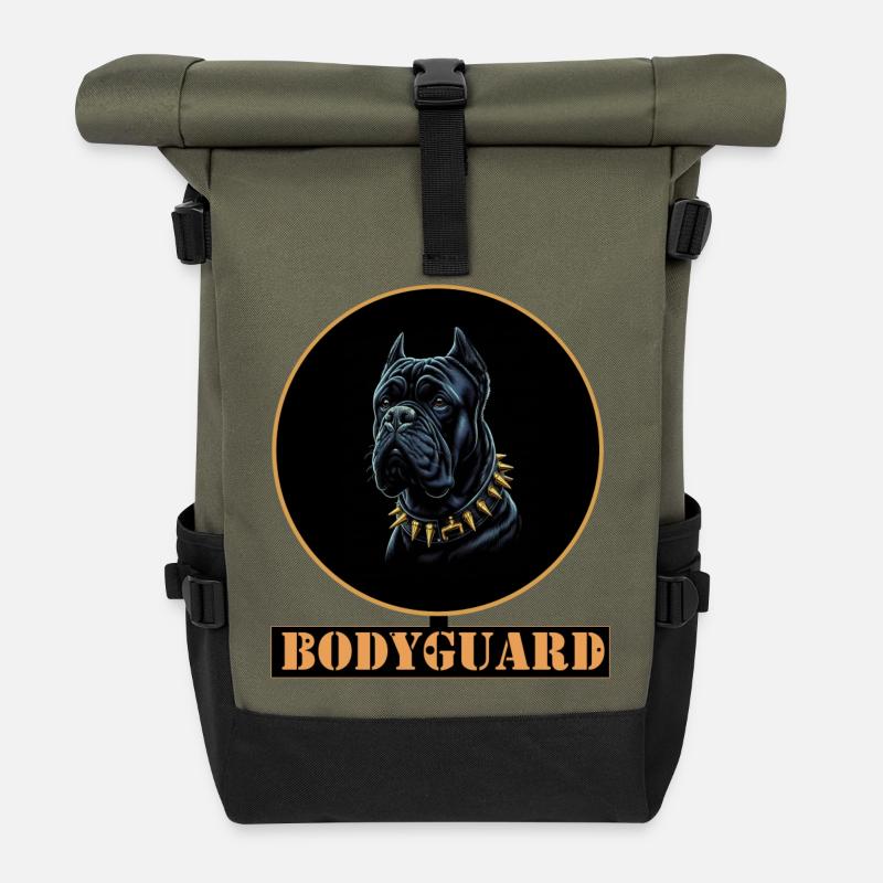 Bullmastiff Dog with Spiked Collar - black - Roll Top Backpack - olive/black