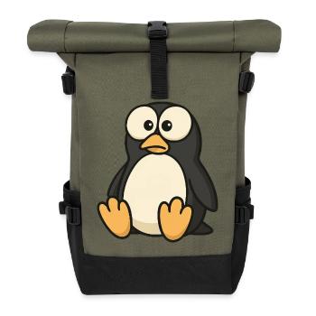 Funny confused penguin with googly eyes - Roll Top Backpack - olive/black - Front
