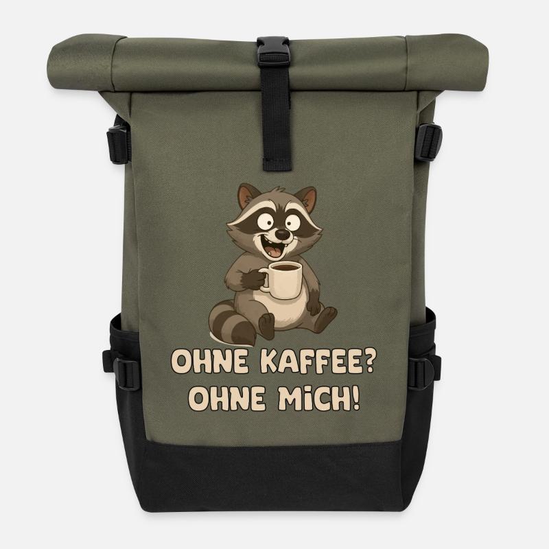 Waschbär mit Kaffeetasse Spruch - Rolltop Rucksack - Olive/Schwarz