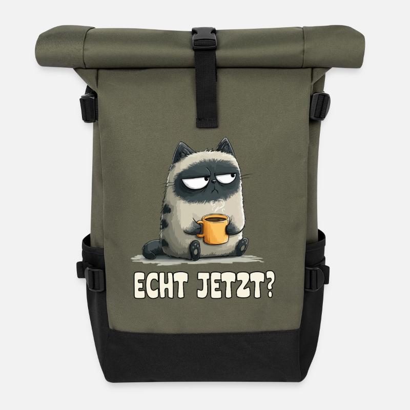 Grummelkatze mit Kaffee - Rolltop Rucksack - Olive/Schwarz