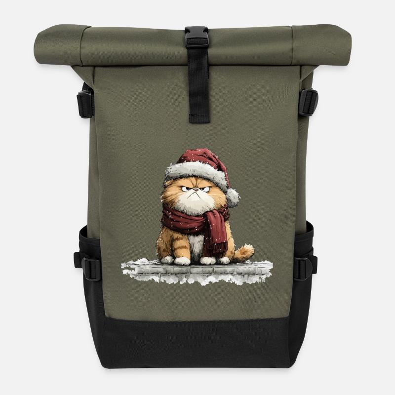 Grim Christmas Cat - Roll Top Backpack - olive/black