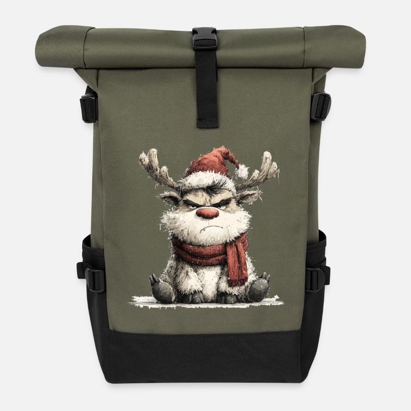 Grim Reindeer with Scarf - Roll Top Backpack - olive/black