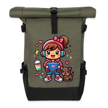 Aesthetic Gamer Girl with a surf tablet and a Pup - Roll Top Backpack - olive/black - Front