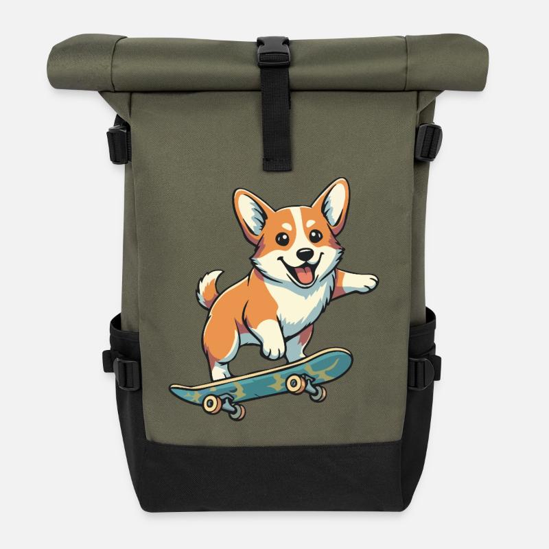 Corgi Colorful Skateboard - Roll Top Backpack - olive/black