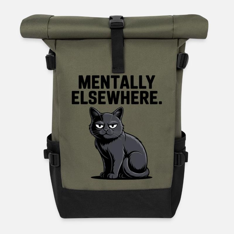 Mentally Elsewhere Cat Tee - Roll Top Backpack - olive/black