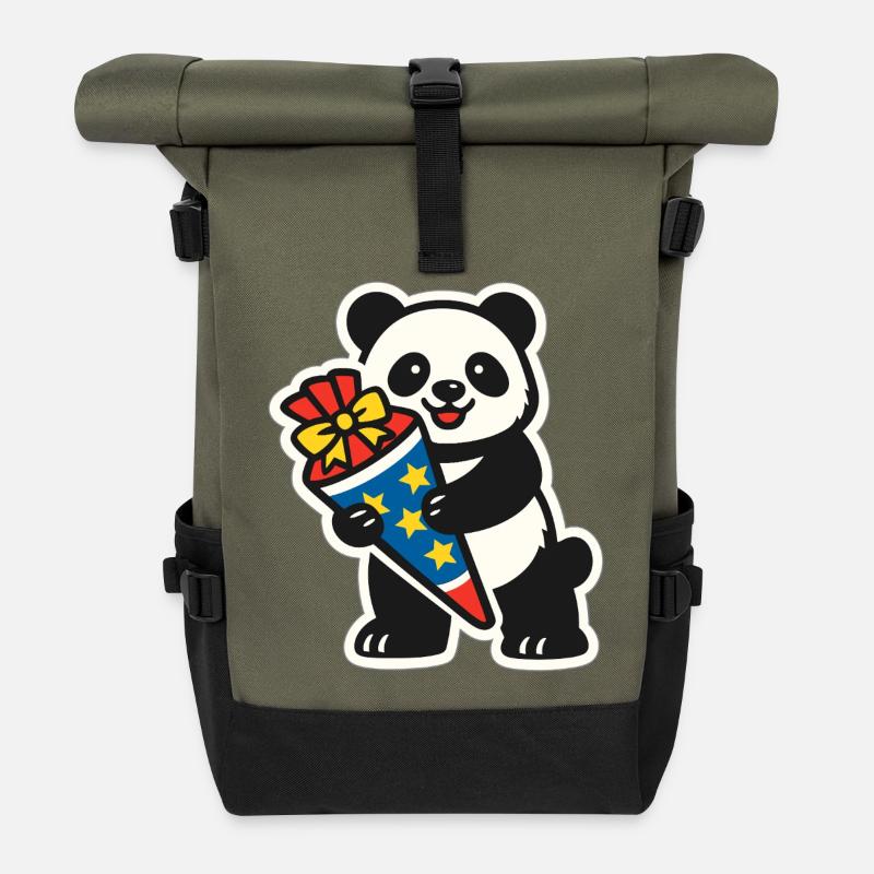 Panda Bär Ich bin 1. Klasse Einschulung Geschenk - Rolltop Rucksack - Olive/Schwarz