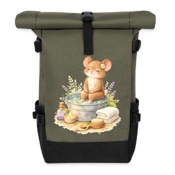 Cute Mouse at Foot Bath Illustration - Roll Top Backpack - olive/black - Front