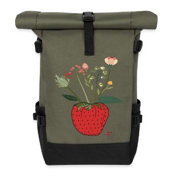 Erdbeere mit Blütenbouquet - Rolltop Rucksack - Olive/Schwarz - Vorne