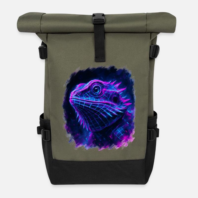 Bearded Dragon Cyberpunk Neon Synthwave - Rolltop Rucksack - Olive/Schwarz