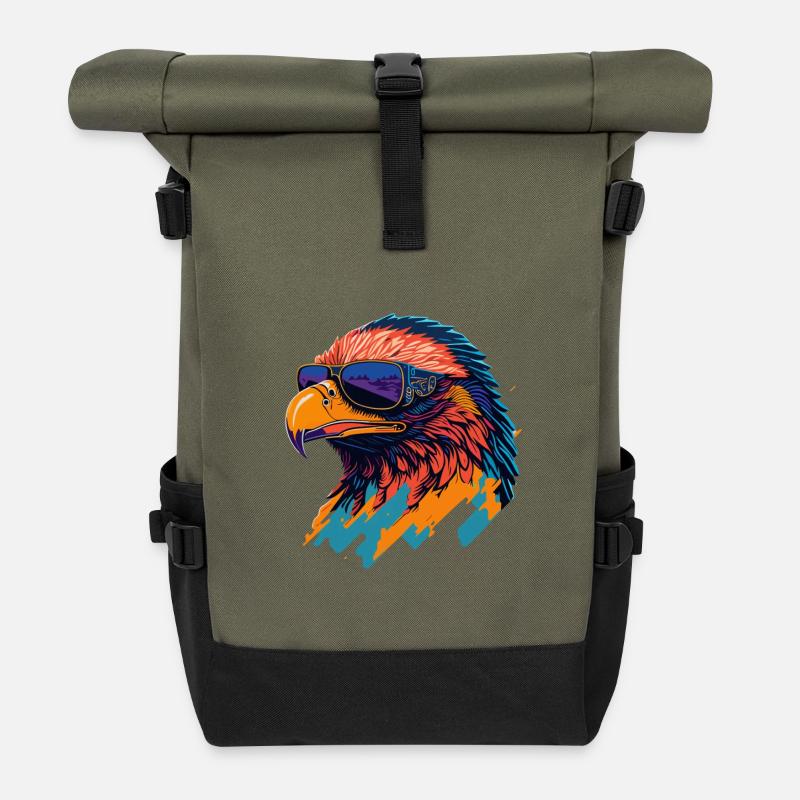 Majestic Soar: Retro Eagle T-Shirt - Rolltop Rucksack - Olive/Schwarz