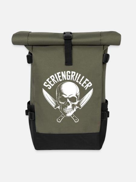 Seriengriller Skull mit Küchenmessern - Rolltop Rucksack - Olive/Schwarz