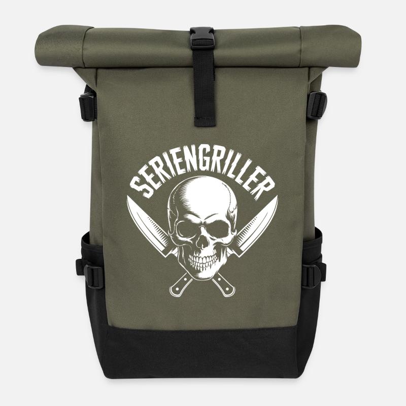 Seriengriller Skull mit Küchenmessern - Rolltop Rucksack - Olive/Schwarz
