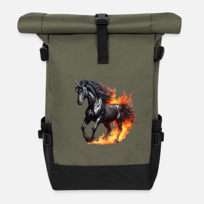 Das mächtige schwarze Einhorn - Rolltop Rucksack - Olive/Schwarz