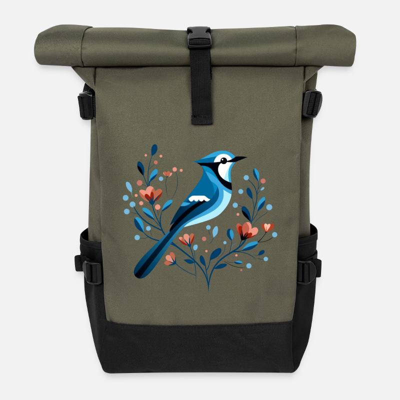 Blauhäher mit Blumen - Rolltop Rucksack - Olive/Schwarz