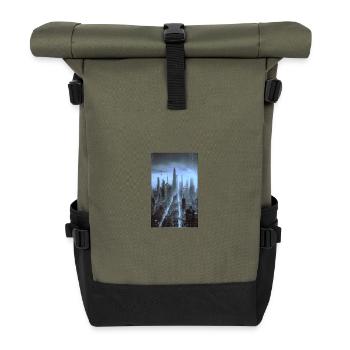 Futuristische Stadtlandschaft bei Nacht - Rolltop Rucksack - Olive/Schwarz - Vorne