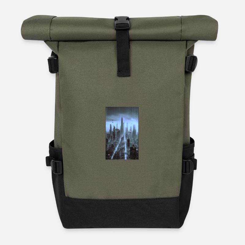 Futuristic cityscape at night - Roll Top Backpack - olive/black