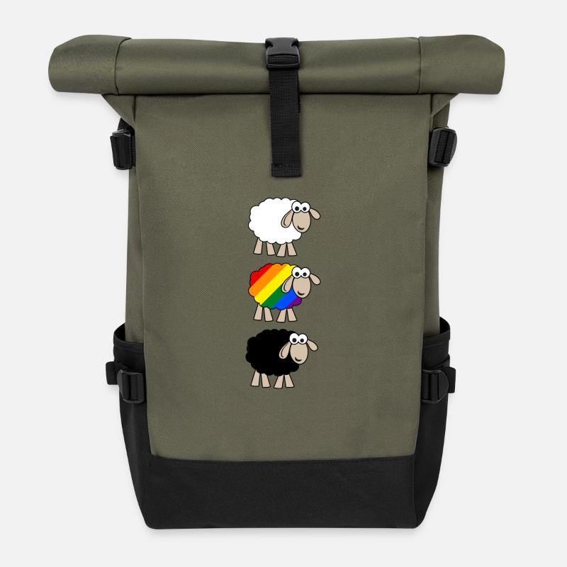 Regenbogen Schaf - Rolltop Rucksack - Olive/Schwarz