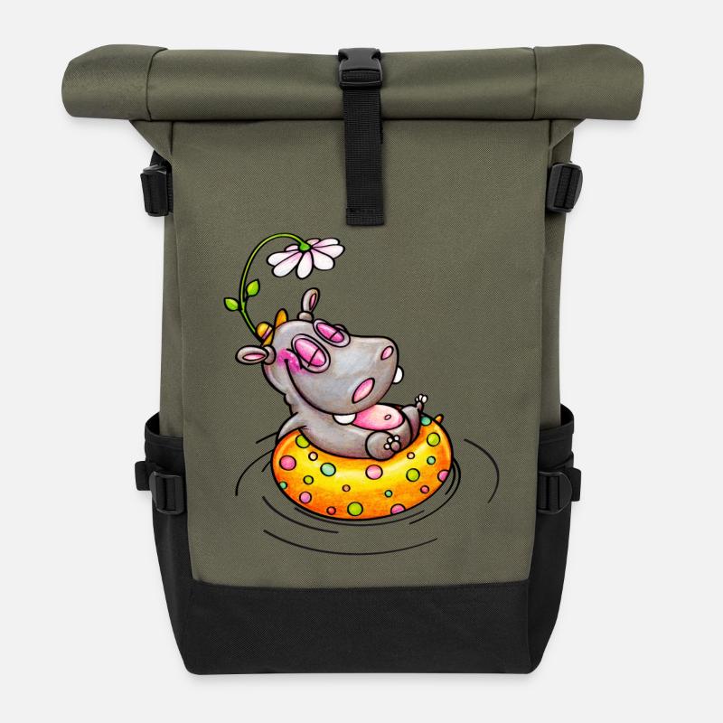 hippo with flower - Rolltop Rucksack - Olive/Schwarz