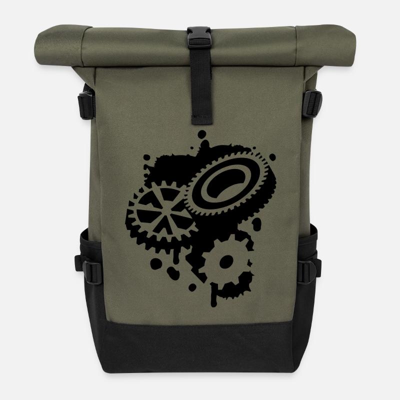Drei Zahnräder als Graffiti - Rolltop Rucksack - Olive/Schwarz